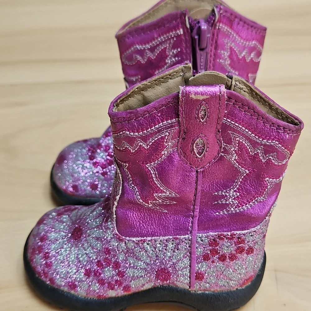 Roper Pink Sparkle Floral Zipper Infant Cowboy Boots W Rubber Soles Sz. 3 - Picture 3 of 9